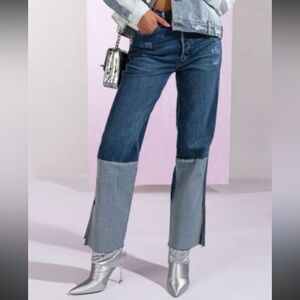 Cello Distressed High Rise Two Tone Denim Straight Leg Jeans 9